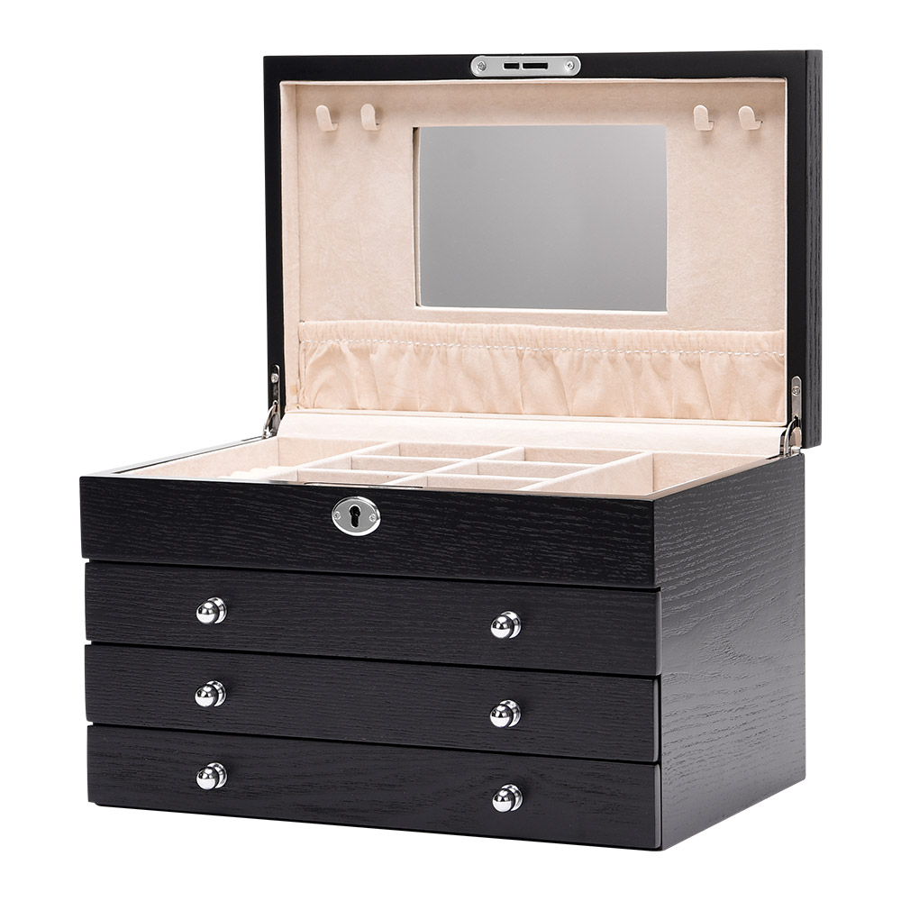 Wooden Jewelry Organizer Box with 3 Drawers Storage Case Devices and Mirror