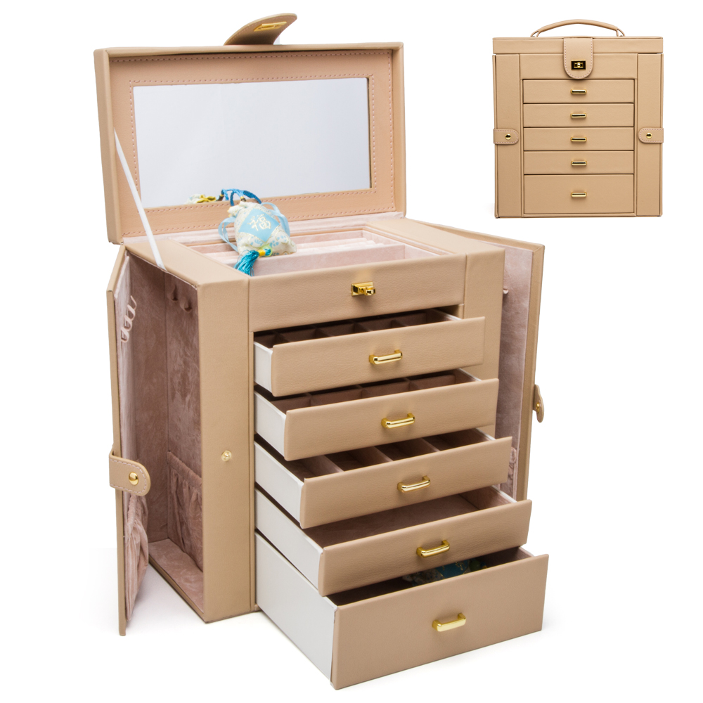 6-Layer Large Jewelry Organizer Box with Mirror & 5 Drawers for Rings, Earrings, Necklaces, Bracelets