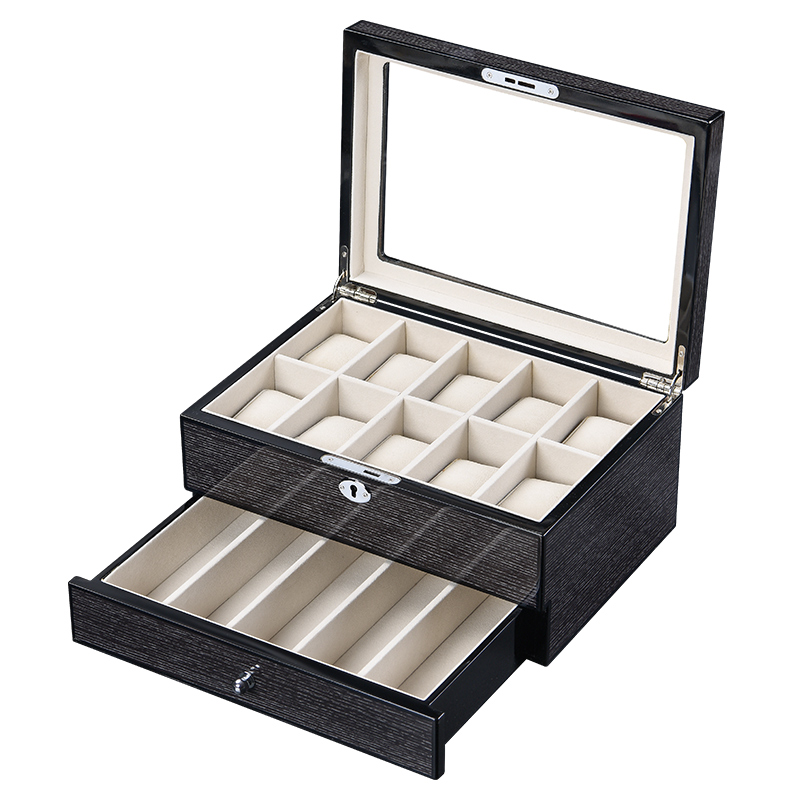 10-Slot Watch Box, Lockable Watch Case with Glass Lid, 2 Layers, with 1 Drawer for Rings, Bracelets