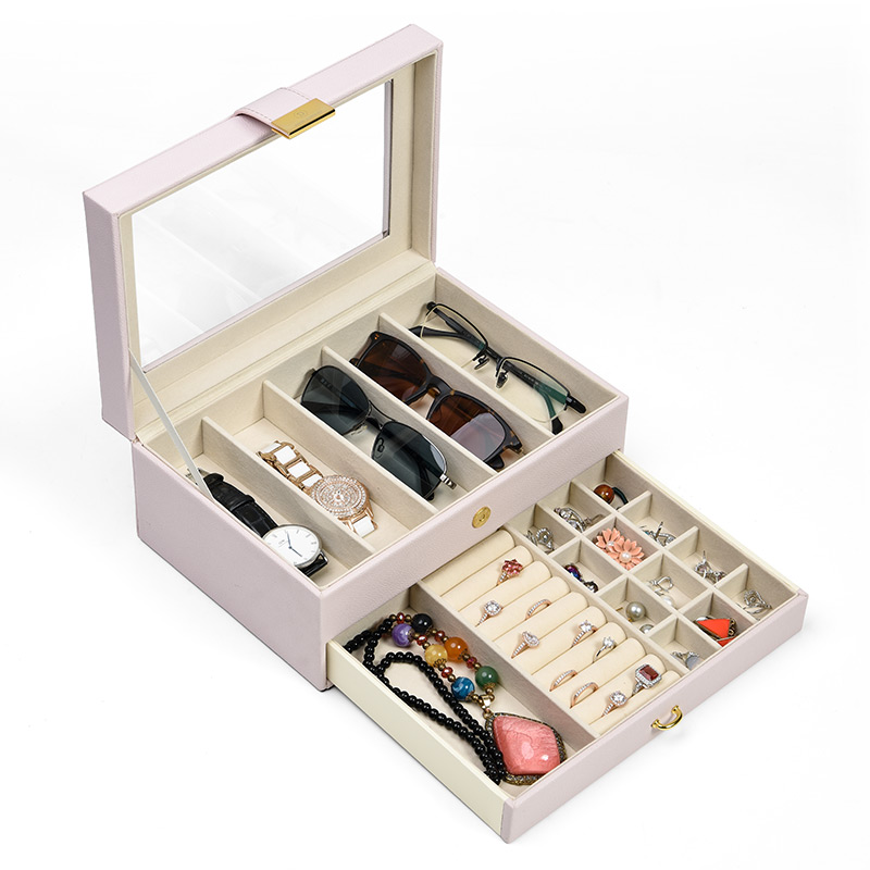 Leather 5 Piece Eyeglasses Storage and Sunglass Glasses Display Drawer Lockable Case Organizer